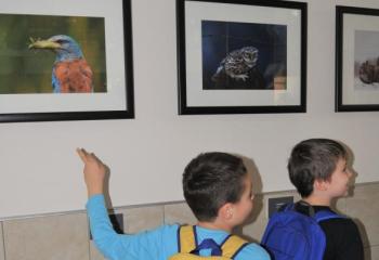 Iskolás gyerekek örülnek a madarakról készült fotóknak